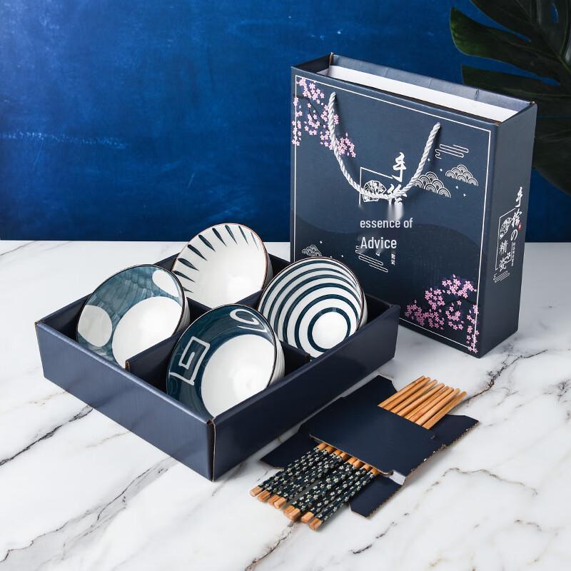 Jingboli Hand-Painted Blue and White Porcelain Bowl and Chopstick Set