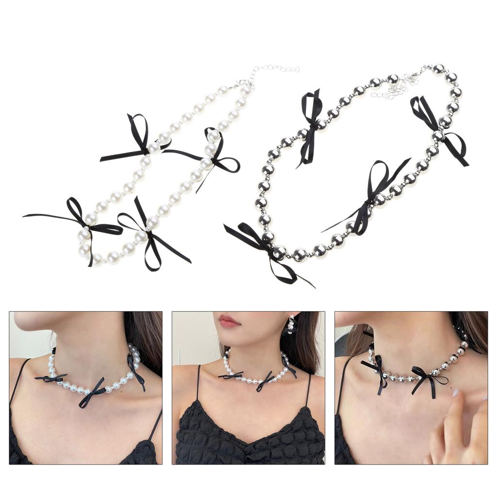 Fashionable Black Ribbon Bowknot Necklace Faux Pearl Alloy Chain Choker Fashion Cool Girls Clavicular Chain Jewelry