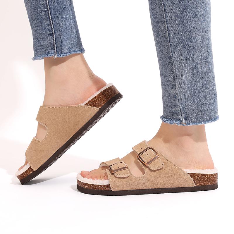 Fashion Litfun New Women's Winter Slippers Thick Sole Cork Footed Ladies Slides Fur Lining Warm Sandals With Adjustable Double Buckle