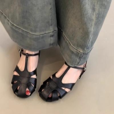 Soft Leather Version~ Retro Literary and Artistic Hollow Bag Head Sandals Women's One-word Buckle Woven Flat-soled Roman Shoes Casual Pig Cage Shoes