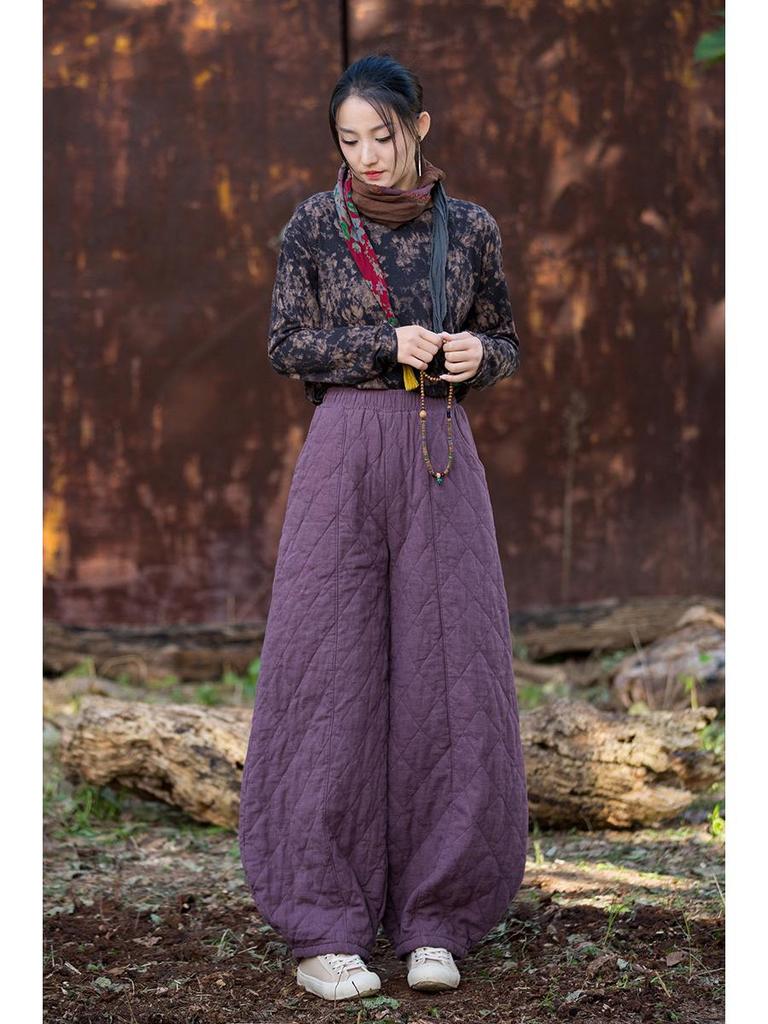 2025 Winter Women's Retro Quilted Diamond Pattern Lantern Pants - Thick Warm Cotton Linen