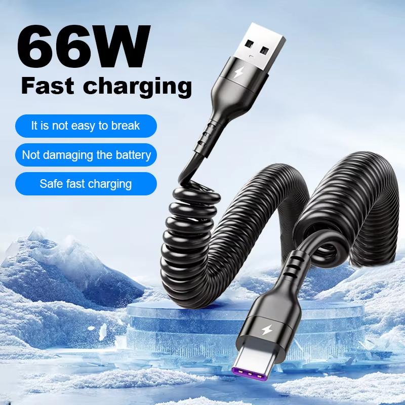 66W 5A Retractable Spring Usb A To Type C High Speed Charging Cable Fast Charging Type C For Samsung Xiaomi Huawei Charger Cable