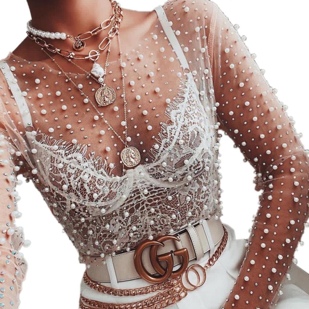 Spring/Summer Sexy Lace Mesh Top with Rhinestones and Beads for Women