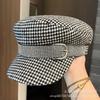 Autumn and winter versatile retro British style checkerboard flat top hat women's new rhinestone with newsboy hat