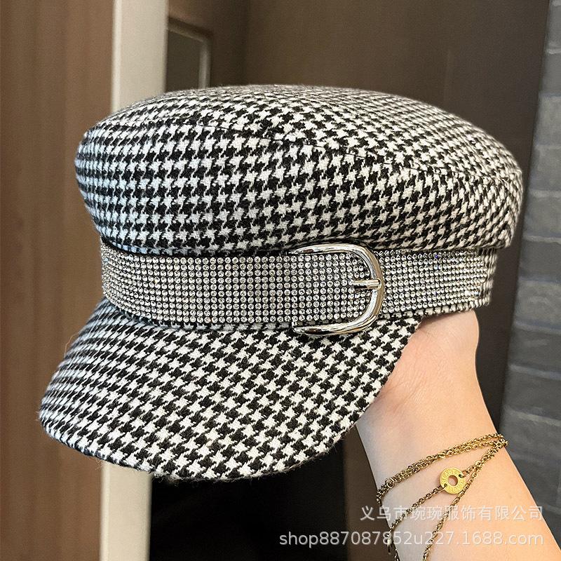 Autumn and winter versatile retro British style checkerboard flat top hat women's new rhinestone with newsboy hat