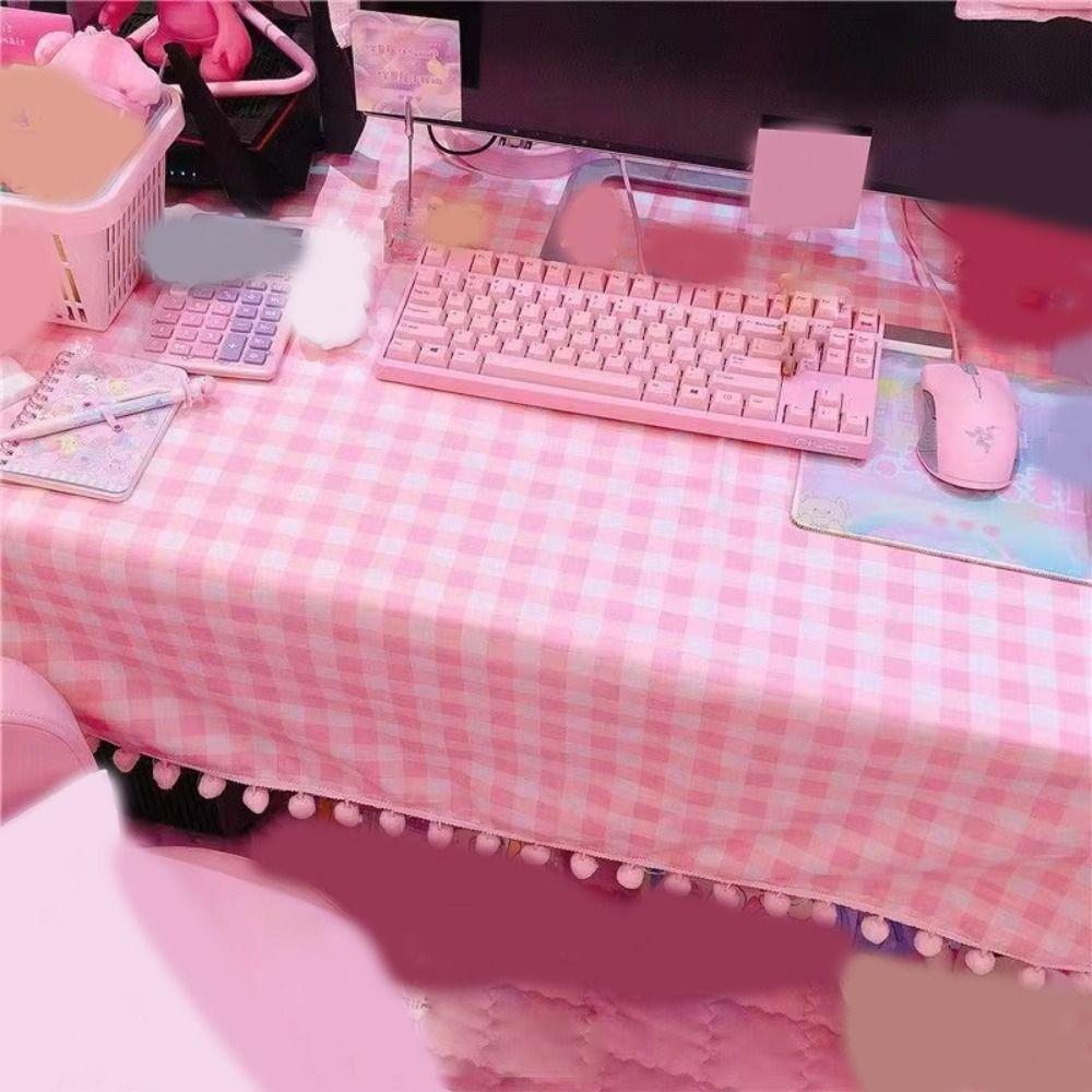Girls Hot Pink Tablecloth Ins Cute Plaid Desk Cloth Dormitory Computer Wallpaper Mat New Kawaii Room Decoration Table Cover
