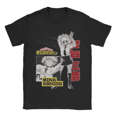 Vintage Mina Ashido Hero Style Koszulki Męskie Okrągły Dekolt Krótki Rękaw Ubrania Boku No My Hero Academia Manga 100% Bawełna Ubrania Letnie