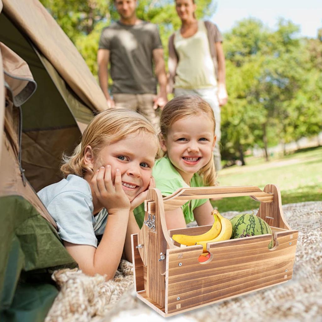 Wooden Folding Picnic Basket Table Outdoor Portable 2 in 1 Vintage with Wine Glass Holder