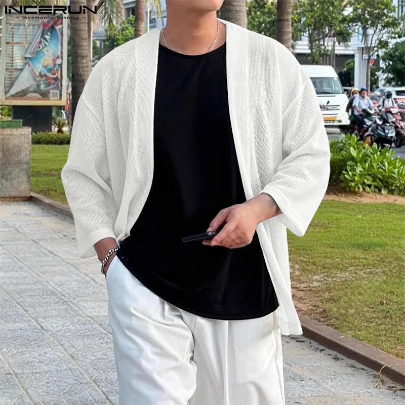 INCERUN Oversized Men Batwing Sleeve Open Front Texture Casual Kimono Cardigan Tops