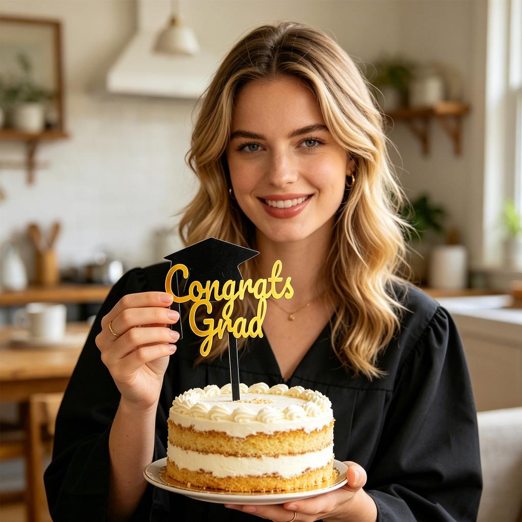 Big Graduation Cap Black And Gold Double-layer Congrats Grad Cake Decoration