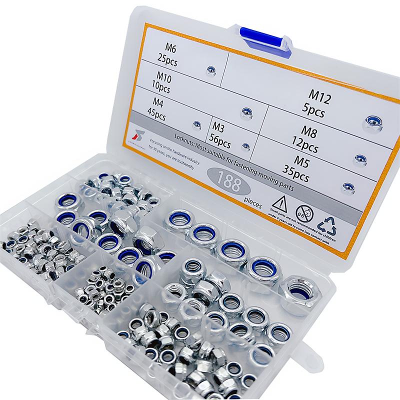 

188pcs/Set Hexagon Lock Nut M3 M4 M5 M6 M8 M10 M12 Metric Nylon Insert Lock Nuts For Automotive Mechanical & Construction