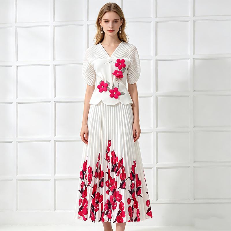 Miyake Pleated Two Pieces Skirt Suit Women 3D Flower Metal Batwing Sleeve High Stretch Blouse Tops + A-Line Maxi Skirt Sets