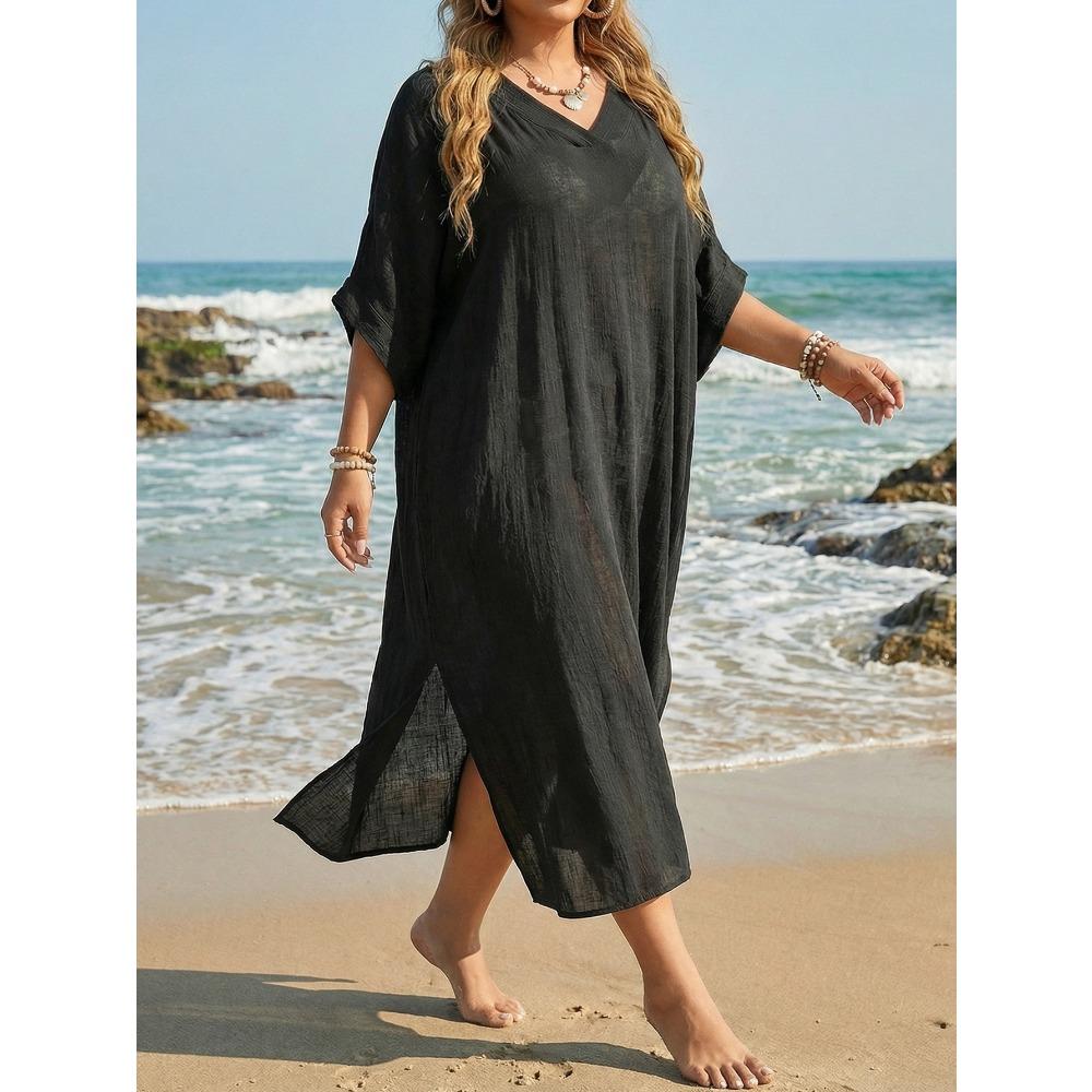 

Пляжное платье-накидка для полных женщин на лето, V-образный вырез, свободный и повседневный стиль, длина до пола с разрезом, пляжное платье One size чёрный