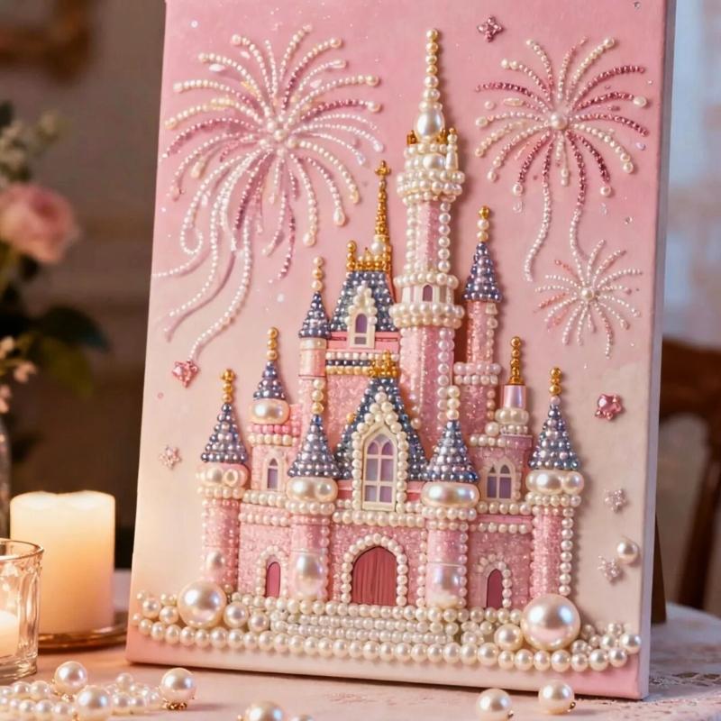 Pink Castles 3D Pearls Painting Set With Beads For Wall Art And Stress Relief