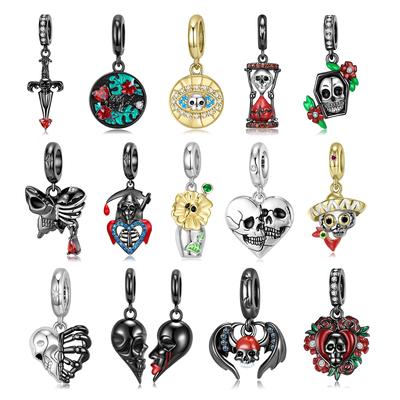 Bloem en schedel cartoon bedel kralen Halloween echt 925 sterling zilver emaille hanger past originele bedelarmband vrouwen sieraden