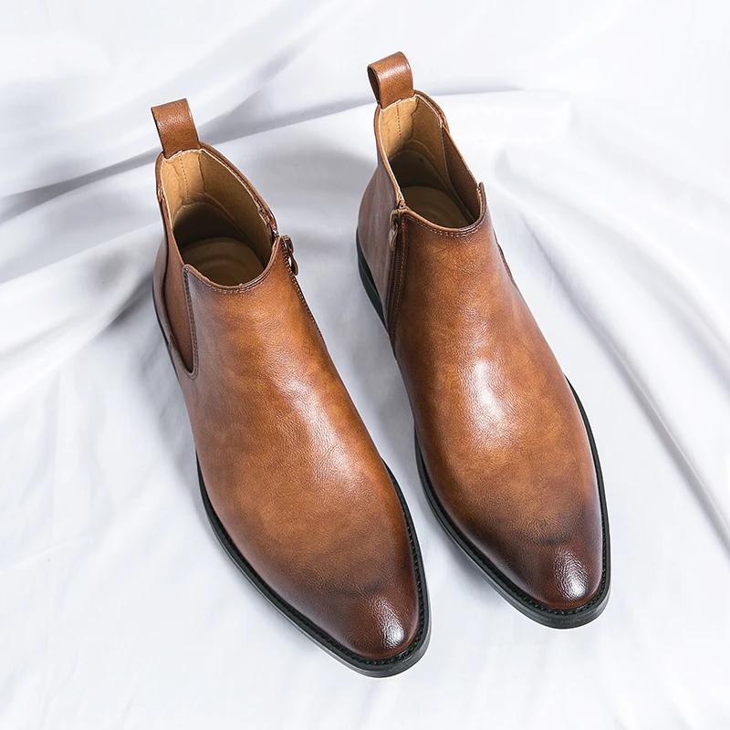 Fashion Brand Men Side Zipper Business Chelsea Shoes Casual Leather Outdoor Motorcycle Boots Fashion Handmade Flat Designer Ankle Boots