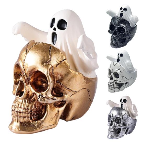 Mini Skull Head with Ghost Figurine Spooky Skeleton Head Ghost Halloween Decor for Gothic Porch Indoor Office Desk Tabletop Mantel Decoration