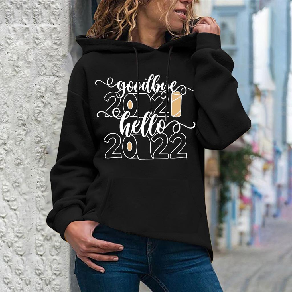 Damenmode Lässiger Neujahrsdruck Kapuzenpullover Lockerer Sportpullover