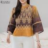 ZANZEA Women Casual O-neck 3/4 Sleeve Loose Vintage Print Blouse