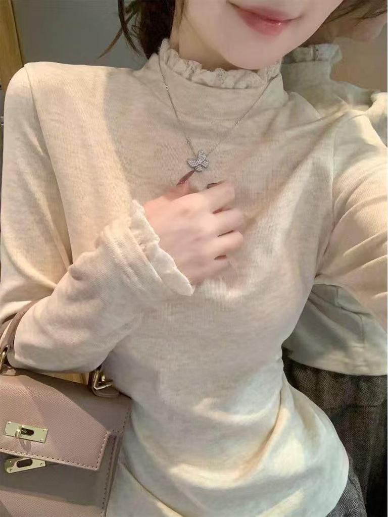 Korean Lace Trim Half-High Neck Long Sleeve Women's T-shirt: Slimming, Chic, Versatile Base Layer