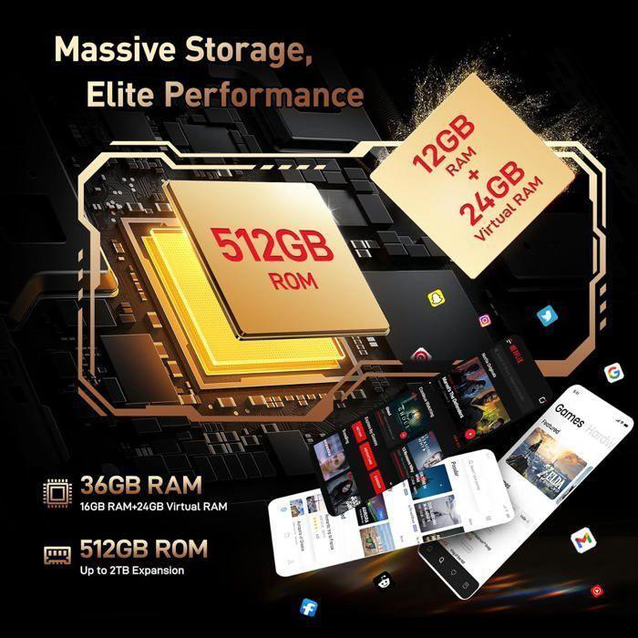 Smartphone Robuste OUKITEL WP39 Pro 5G 36Go+512Go 6.6" FHD+ 11000mAhh 64MP Telephone Incassable Android 14 Dual SIM/NFC/GPS - Noir