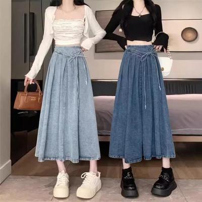 Damen Sommer Elastischer High-Waist Schnür-A-Linien Plissee Denim Midi-Rock
