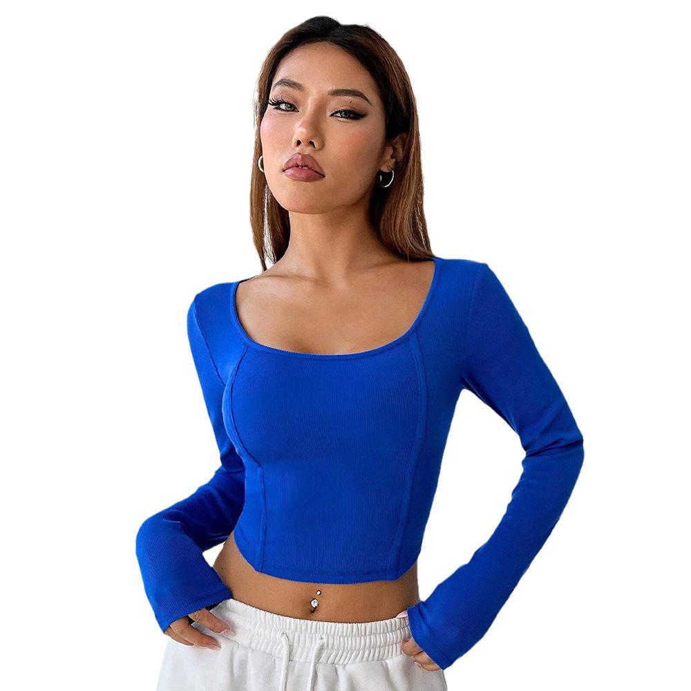 2024 Autumn/Winter Women's Slim Fit Solid Long-Sleeve T-Shirt - European & American Casual Style