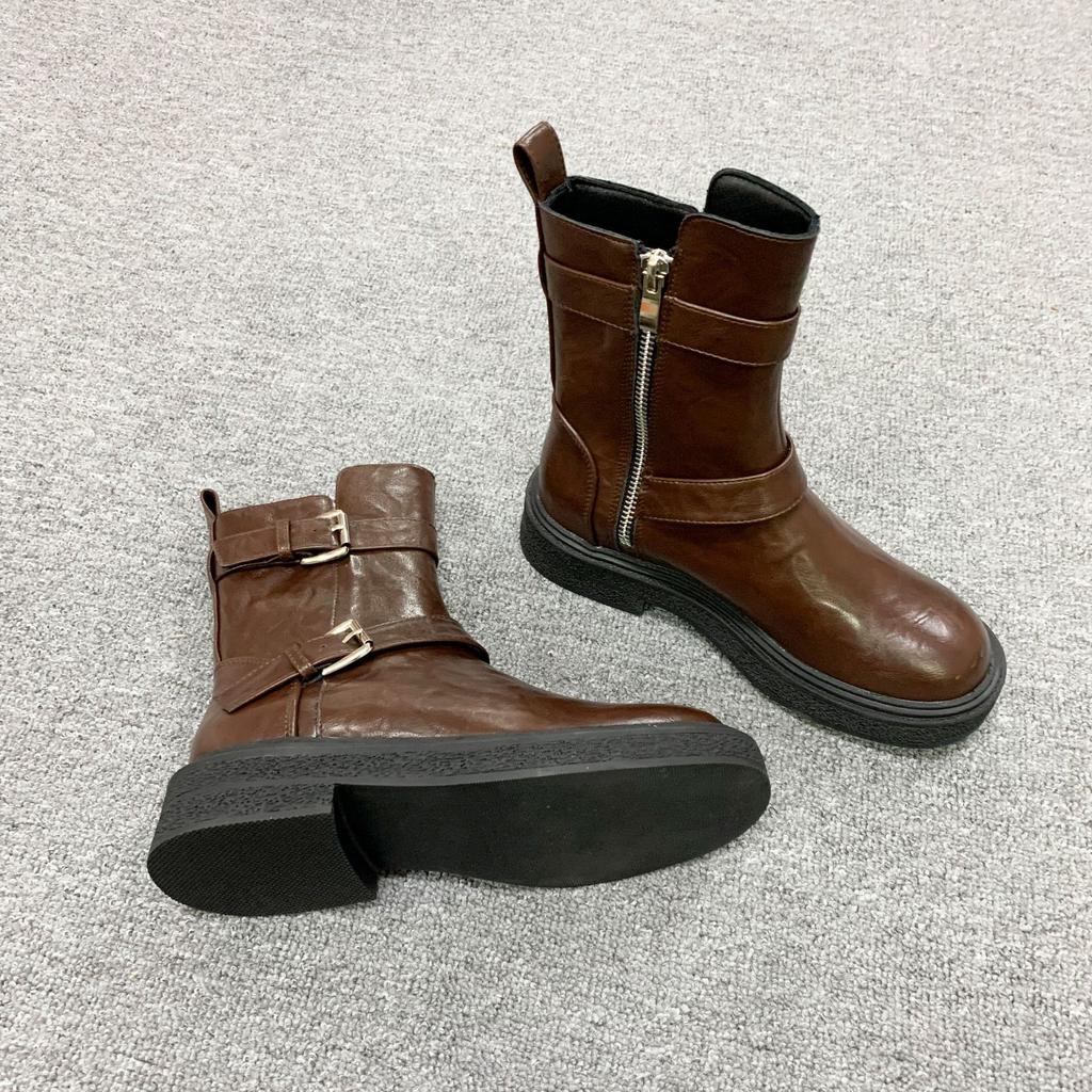 Spot Second Hair! Fashion Versatile New Washed Shrinkage Horse Leather Buckle with Side Zipper Thick Heel Martin Short Boots Women's Autumn