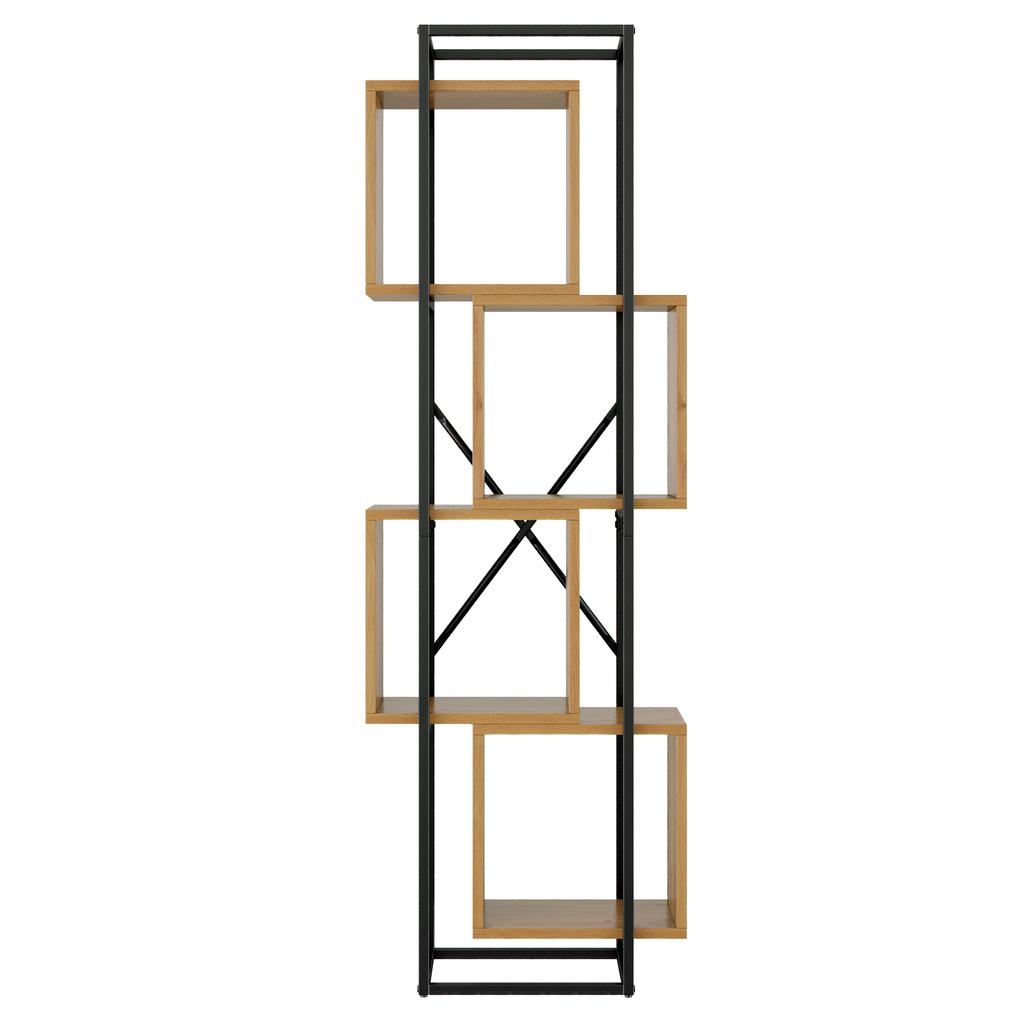 59×30×180 cm Bookshelf / Open Metal Shelf with MDF Wood Shelves, 4 Compartments, Creative Stacking Design, for Books, Collectibles & Decoration