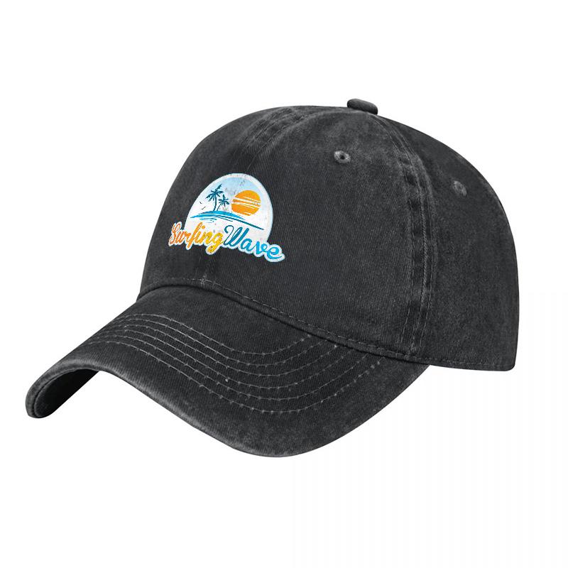 Surfing Wave Logo Washed Canvas Baseball Cap with Tropical Sunset Design for Casual Outdoor Wear and Beach Style Fashion