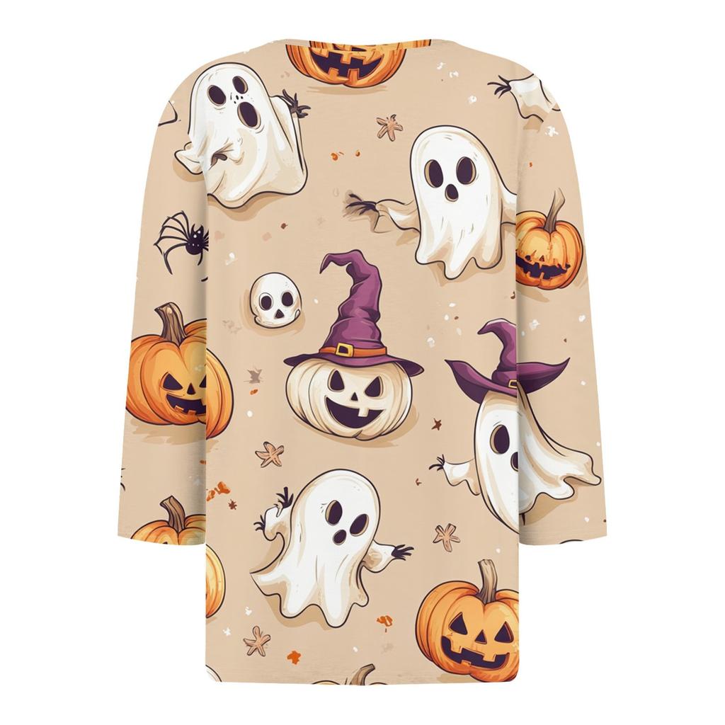 Damen T-Shirt Tee Halloween Bedruckt Knopf 3/4 Ärmel Tunika Täglich Wochenende Mode Basic V-Ausschnitt Reguläres Oberteil