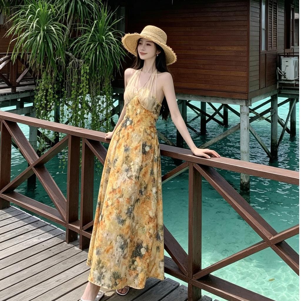 Celebrity Gentle Garden Yellow Neck Dress Oil Painting Dress Dopamine Island Bright Beach Seaside Vacation
