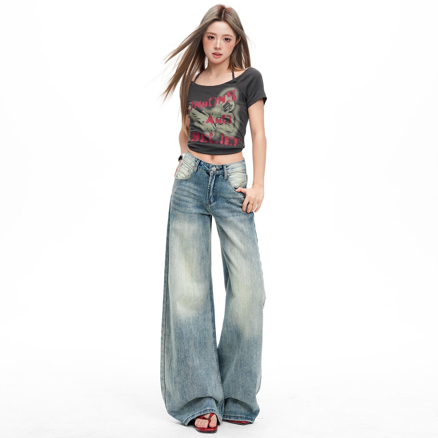 2026 Spring Women s High Waist Retro American Style Bamboo Texture Wide Leg Denim Pants L