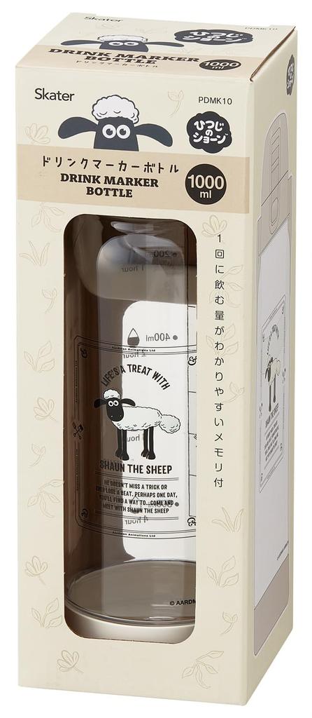 Skater Drink Marker with Shaun the Sheep Easy to See Drink Volume at a Glance Bottle, 1L, Handle, Plastic, Design, PDMK10-A,