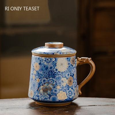 Taza de cerámica para té Ru Kiln china con tapa y colador, taza termo retro hecha a mano, taza de separación de agua y té, juego de té de viaje