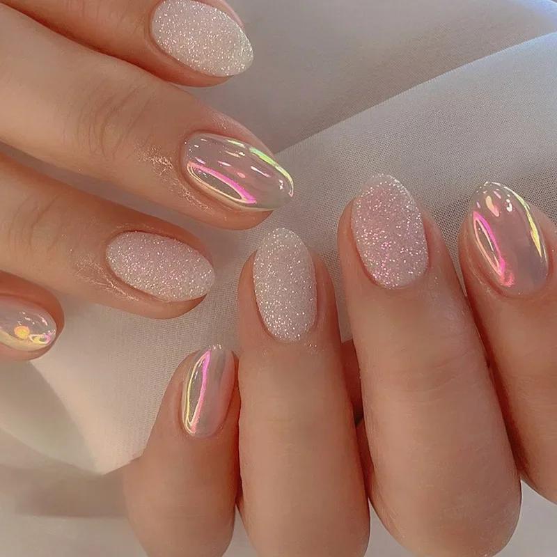 24Pcs Simple False Nails with Glue Short Almond Fake Nails Glitter Aurora Round Head Full Cover Nail Tips Oval Press on Nails