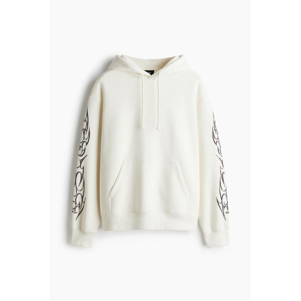 H M Loose Fit Printed Hoodie wHite