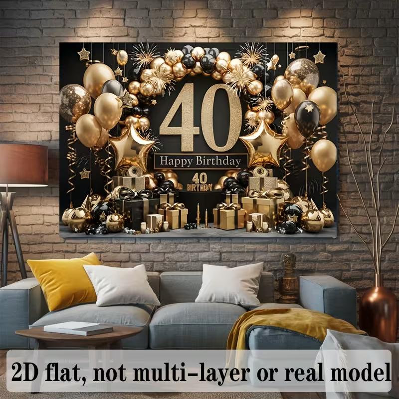 2D 40th Birthday Backdrop Black Gold Glitter - 40 Years Old Party Photography Background