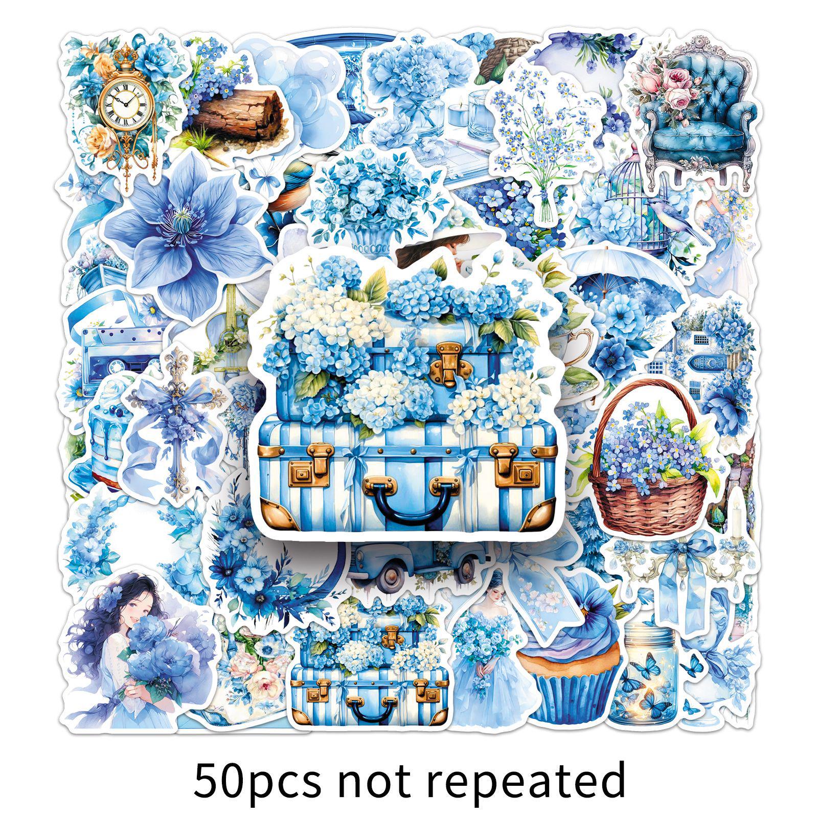 50 Blue Floral Heart Stickers - DIY Waterproof Phone Case Decor