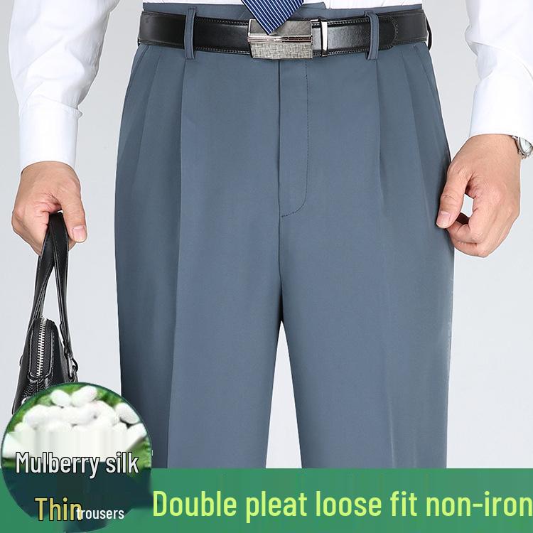 Men's Summer Mulberry Silk Dress Pants: Double Pleated, Loose Fit, Straight Leg, High Waist, Deep Crotch.