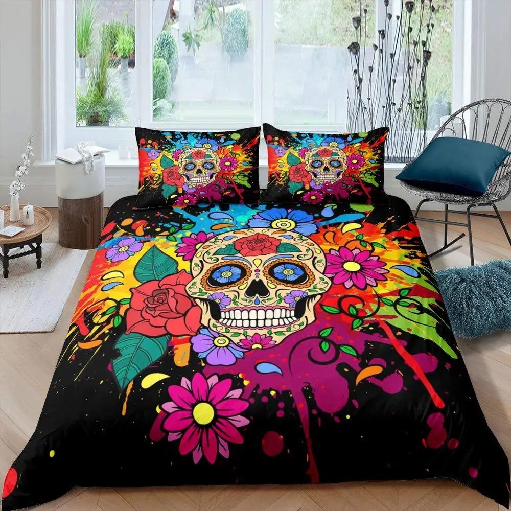 Sugar Skull King Queen Duvet Cover Vintage Skeleton Girl Gothic Day of The Dead Bedding Set Halloween Rose Polyester Quilt Cover