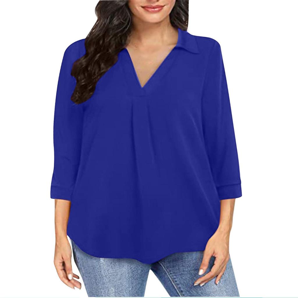 New Chiffon Blouse, Plus Size Loose V-Neck 3/4 Sleeve Casual Top for Women, European & American Style