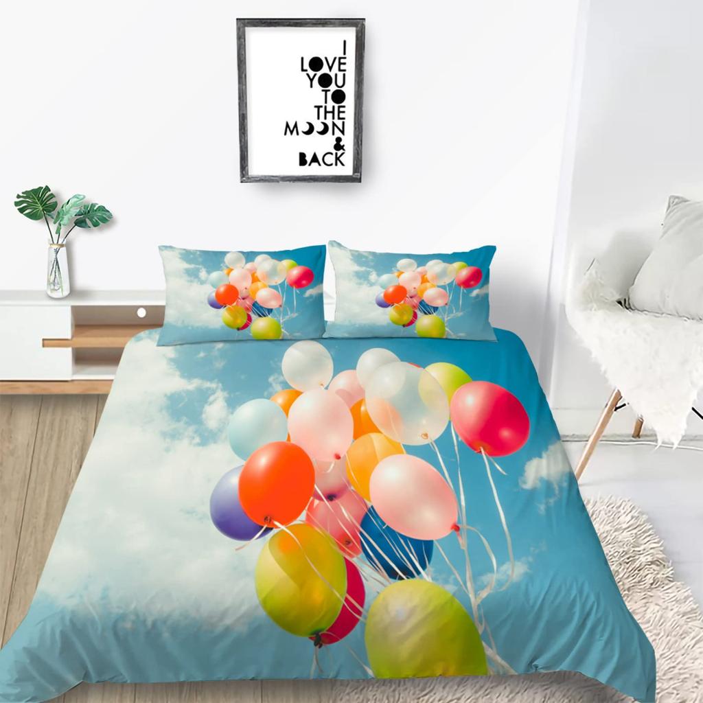Watercolor Duvet Cover Hand Painted Style Floating Hot Air Balloons Clouds Print Decorative Bedding Set Blue Pink Coral Children