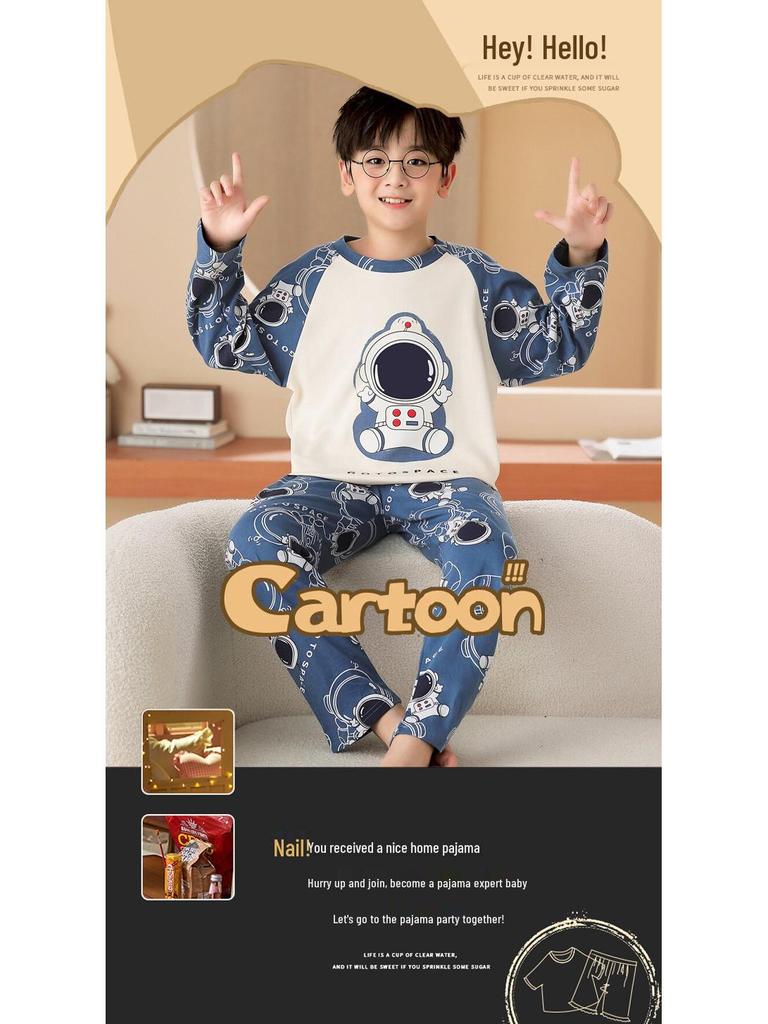 Boys' Cartoon Long-Sleeve Pajamas - Spring/Fall, Lightweight Summer Home Wear, Sizes for Toddlers to Big Kids