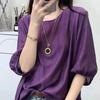 2024 Women's Tencel Cotton Linen Mid-Sleeve Loose Casual Blouse with Slimming Tummy Control for Middle-Aged and Elderly
