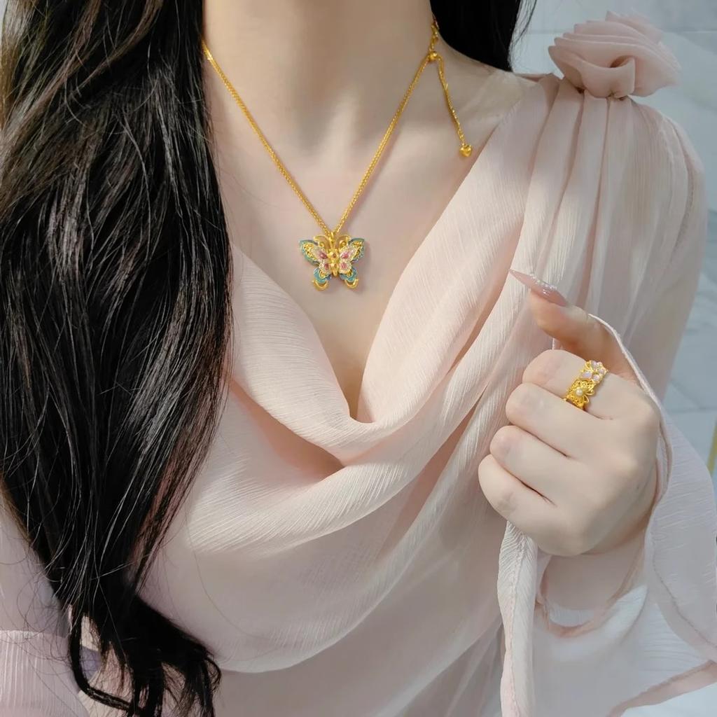 Zhuang Zhou's Dream Butterfly Thread Enamel Colored Vein Flower Butterfly Necklace Women's Burnt Blue Butterfly Clavicle Chain