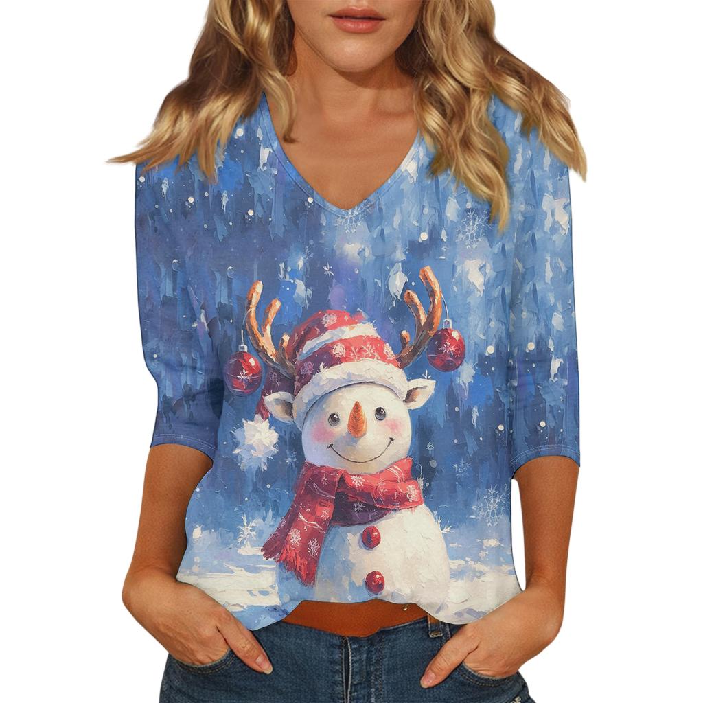 Ladies' Christmas Printed Fashionable Casual Seven Quarter Sleeved V-neck Top