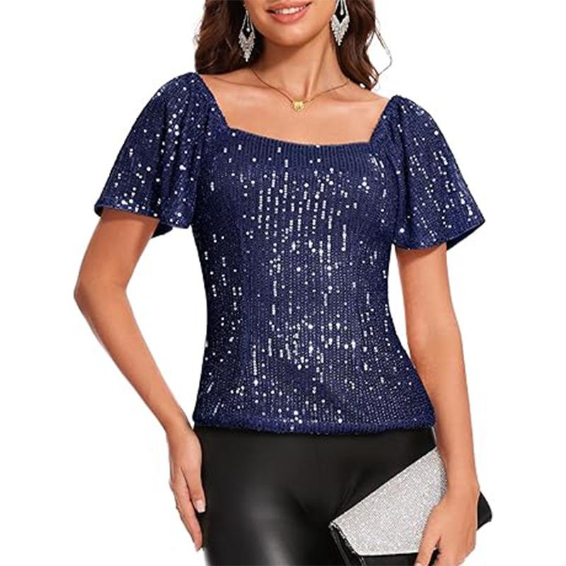 2026 Women's Fashionable Short Sleeve Blouse Square Neck Sequin Puff Sleeve Versatile Glamorous Blouses with Sequins and Puff Sleeves
