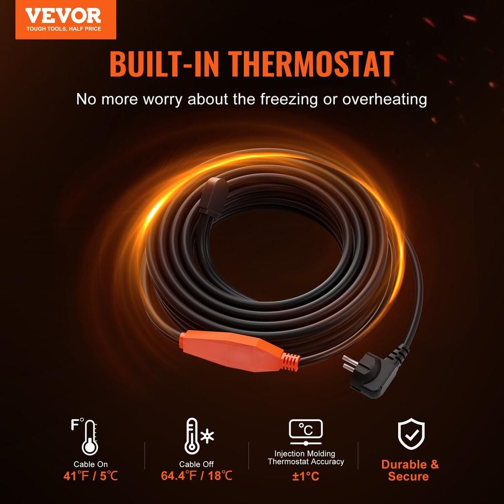 Pipe Heating Cable 9m 23W/m Heat Tape for Pipes with Built-in Thermostat