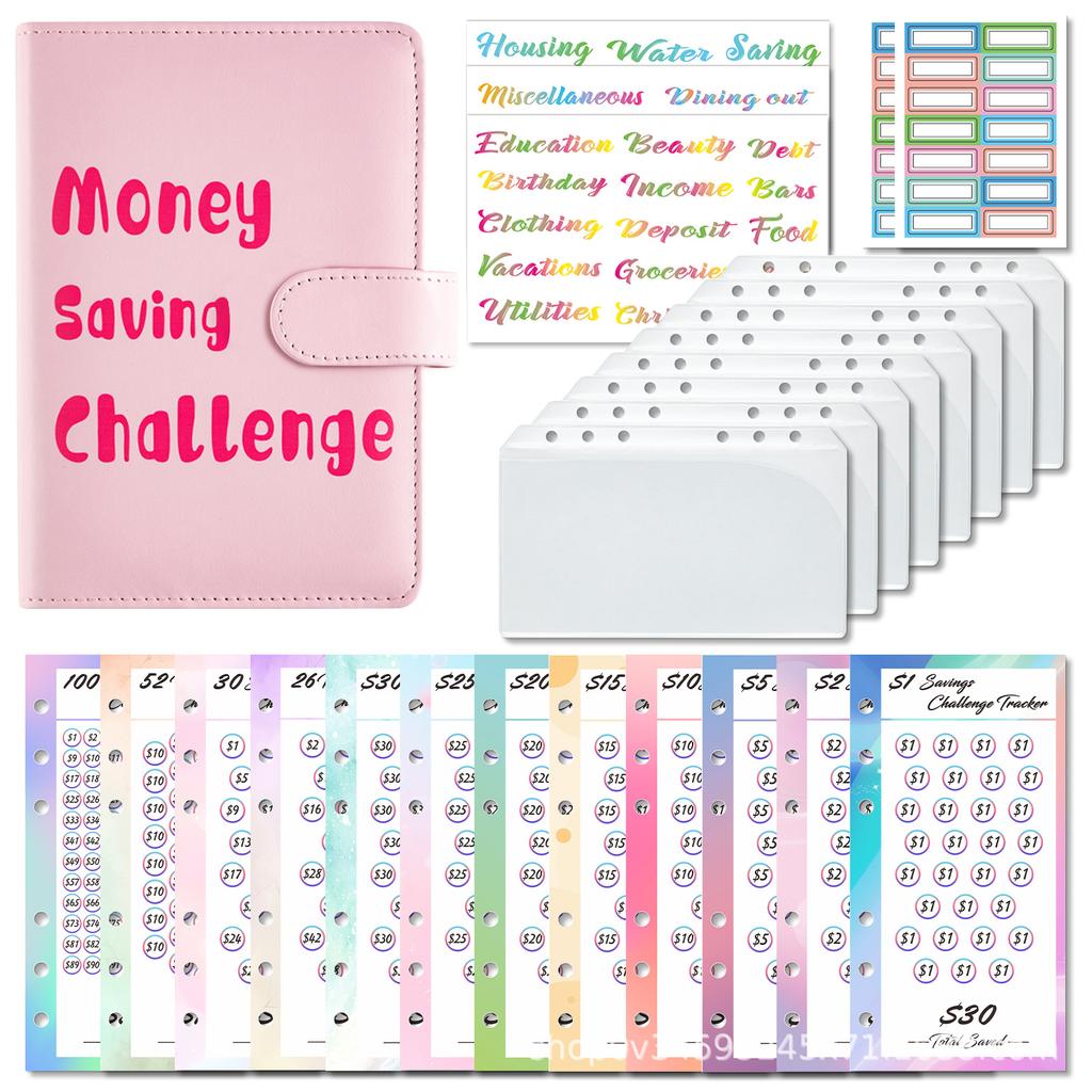 A6 Money Saving Challenge PU Cover Budget Planner Notebook Loose-leaf Book Money Planner Diary Customizable